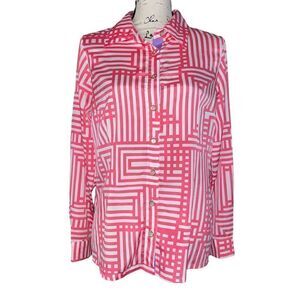 Bob Mackie hot pink & white wearable art button down blouse small‎